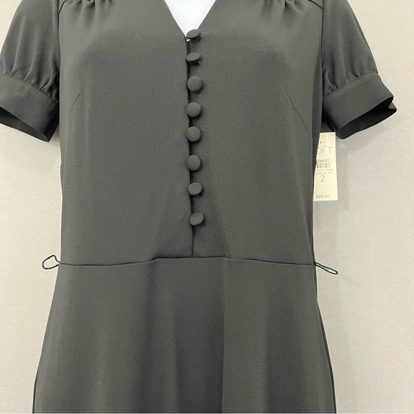 Ann Taylor Loft Black V Neck Button Short Sleeve A Line Dress - Picture 3 of 16